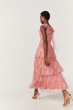 Floral Ruffle Tier Maxi Dress Floral Ruffled Maxi Dress For Party, Elegant Pink Ruffle Dress With Tiered Skirt, Tiered Floral Print Party Dress, Formal Summer Dresses With Tiered Skirt, Elegant Floral Print Maxi Ruffle Dress, Elegant Ruffled Floral Dress For Garden Party, Long Ruffled Dress For Garden Party, Elegant Floral Dress With Ruffles For Garden Party, Chic Tiered Midi Dress For Garden Party