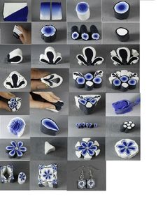 many different blue and white objects are shown