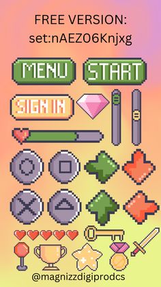 an image of pixel art with the words menu start in different colors and font styles