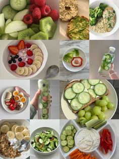 a collage of pictures showing different types of food including fruits, vegetables and crackers