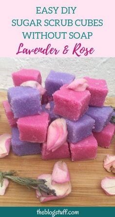 easy diy sugar scrub cubes without soap lavender and rose on a cutting board