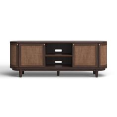 an entertainment unit with two doors and three drawers on one side, in dark wood