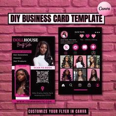 a pink brick wall with black and white photos on it, including the words diy business card template