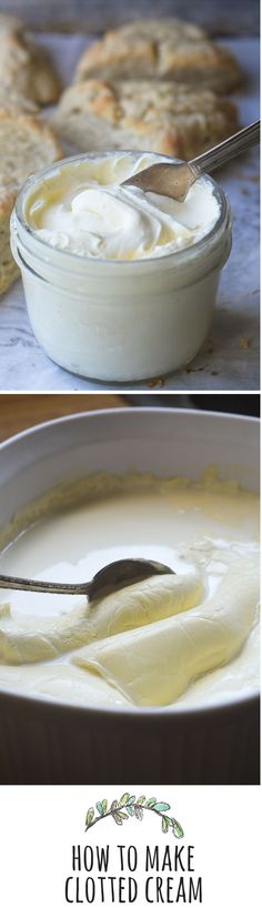 two pictures showing how to make cream in a bowl and on the table with bread