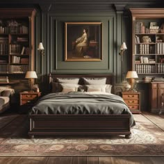 a bedroom with green walls and wooden flooring is furnished with antique furniture, bookshelves and paintings