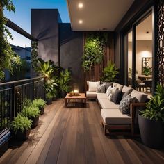 an outdoor living area with couches, tables and potted plants on the balcony