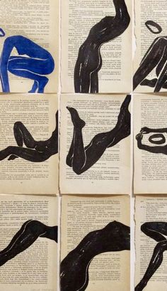 six black and blue images on top of an open book with pages cut into the shape of women's legs