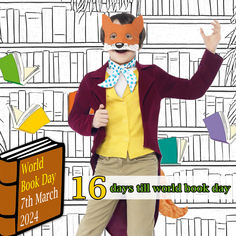 a man in a fox mask is standing next to bookshelves with the words world book day on it