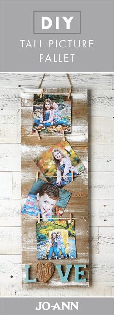 the diy pallet photo frame is hanging on a wall