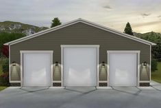 two garages with three doors on each side