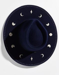 Diana Dawn for Free People: Moon Cycle hat, embroidered wool (US $450, autumn 2021) Hippie Hats, Embroidered Moon, Diy Hats, Bohemian Hats, Chic Hat, Hippie Hat, Hat Bar, Moon Cycle, Cowboy Girl