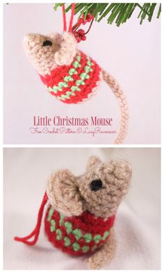 a crocheted mouse ornament hanging from a christmas tree with the text free pattern