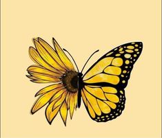 a yellow butterfly with black spots on it's wings flying in the air over a flower