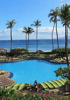 an outdoor swimming pool surrounded by palm trees and the ocean in the backgroud