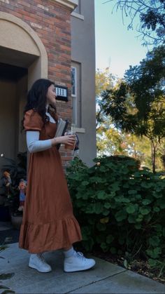 Rust orange fall maxi dress Winter Dress Inspo Aesthetic, Modest Outfits With Converse, November Church Outfits, Modest Fall Outfits Aesthetic, Fall Modesty Outfits, Modest Layered Outfits, Teacher Modest Outfits, Fall Pictures Dress, Rust Turtleneck Outfit