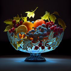 a glass bowl filled with lots of different types of fruit on top of a table