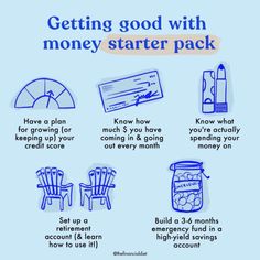 the steps to getting good with money starter pack are shown in blue ink on a light blue background