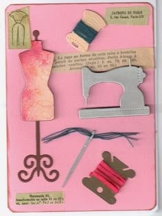 sewing supplies are displayed on a pink background