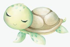 a watercolor painting of a turtle with its eyes closed and it's head resting on the shell