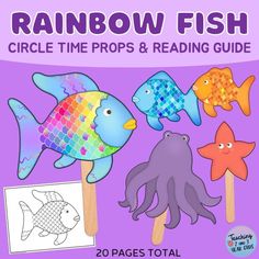 the rainbow fish circle time props and reading guide is shown in front of a purple background