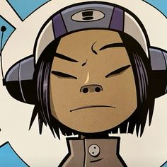 a cartoon character with headphones on and eyes closed, staring intently at something in the distance