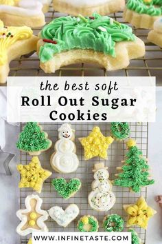 decorated sugar cookies on wire rack. Soft Sugar Cookie Cutouts, Cream Cheese Sugar Cookie Recipe, No Spread Sugar Cookies, Sugar Cookie Cutout Recipe, Cut Out Sugar Cookie Recipe, The Best Sugar Cookie Recipe, Rolled Sugar Cookie Recipe, Roll Out Sugar Cookies, Christmas Sugar Cookie Recipe