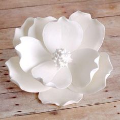 a white flower sitting on top of a wooden table