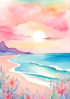 an ocean scene with flowers and the sun in the background