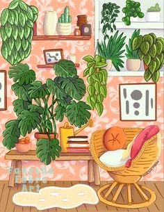 an illustration of a living room with potted plants and books on the shelf above