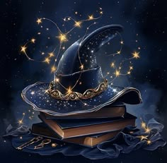 a wizard's hat on top of books with stars in the sky behind it