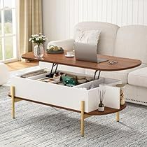 a living room with white couches and a coffee table that has drawers underneath it