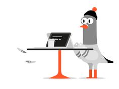 a cartoon bird sitting at a table with a laptop on it's lap top