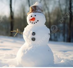 a snowman is standing in the middle of a snowy field with trees behind it