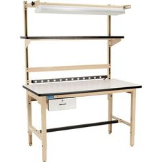 a workbench with drawers and shelves on each side, in front of a white background