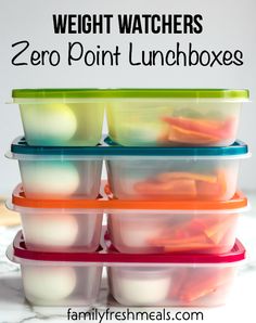 several plastic containers stacked on top of each other with text overlay reading weight watchers zero point lunchboxes