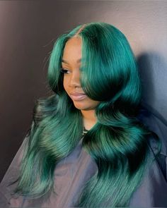 pretty & unique buss down wig. follow for more content. Green Ombre Hair, 13x6 Lace Frontal Wig, Green Wig, Pretty Hair Color, Frontal Wig