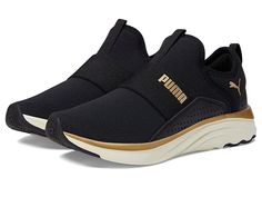 PUMA Softride Sophia Slip-On - Women's Shoes : Puma Black/Puma Gold/Warm White : Run freely wearing the PUMA Softride Sophia Slip-On sneakers. Textile and synthetic upper. Textile lining and insole. Slip-on design. Round toe. Pull tab on lace and heel counter. PUMA logo and perforated detail on upper. Synthetic outsole. Imported. Measurements: Weight: 8 oz Product measurements were taken using size 8.5, width B - Medium. Please note that measurements may vary by size. Weight of footwear is based Slip-on Athleisure Sports Running Shoes, Cushioned Slip-on Sneakers For Errands, Cushioned Slip-on Sneakers, Athleisure Slip-on Sneakers For Running, Functional Slip-on Running Shoes With Arch Support, Functional Slip-on Running Shoes For Jogging, Functional Slip-on Workout Sneakers, Sporty Slip-on Running Shoes With Arch Support, Sporty Slip-on Sneakers With Removable Insole For Running