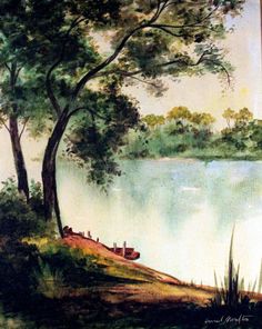 an oil painting of a lake with trees on the shore and people sitting at the edge