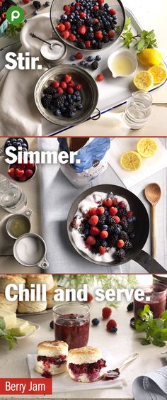 two pictures showing different types of food on the same plate and in another picture, there is an image of berries being cooked