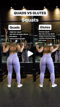 a woman doing squats in front of mirrors with the caption quads vs glutes squats