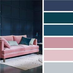 a living room with blue, pink and grey colors on the walls is shown in this color scheme