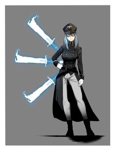 an anime character is standing in front of two large white arrows, with blue light coming from them