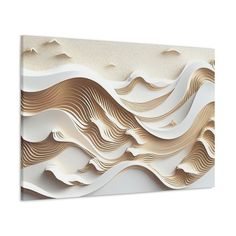 an abstract paper art piece with waves and sand on the bottom, in gold and white