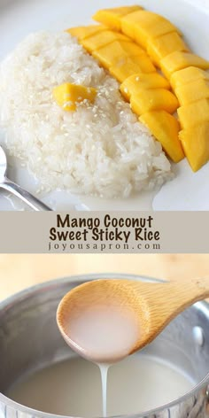 mango coconut sweet sticky rice in a pan with a wooden spoon next to it and the recipe below