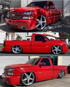 red truck with chrome rims parked in front of a building and another photo of it