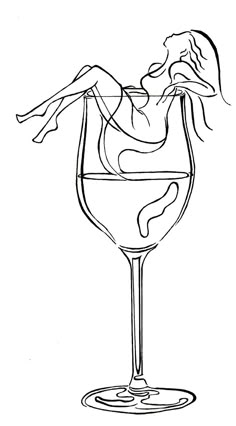 a drawing of a woman laying on the back of a wine glass with liquid in it