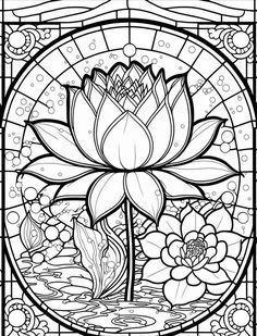 a stained glass window with flowers and leaves on it, in black and white colors