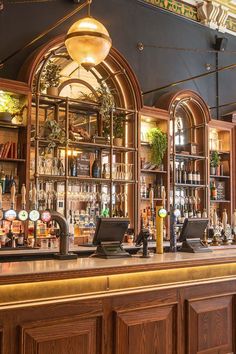 wooden bar front with alcohol bottles displayed on mirrored shelves on back wall of bar area, tall wooden arched shelves with mirror sectioning, glossy wooden bar top with beer taps, falling leaf plants, hanging circular ball light. Irish Pub Design, French Chateau Homes, Brewery Design, Craftsman Interior, Pub Design, Restaurant Concept