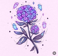 a drawing of a purple flower on a pink background