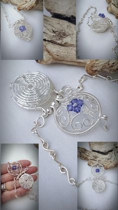 several pictures of different items that are being made with wire and glass bead work